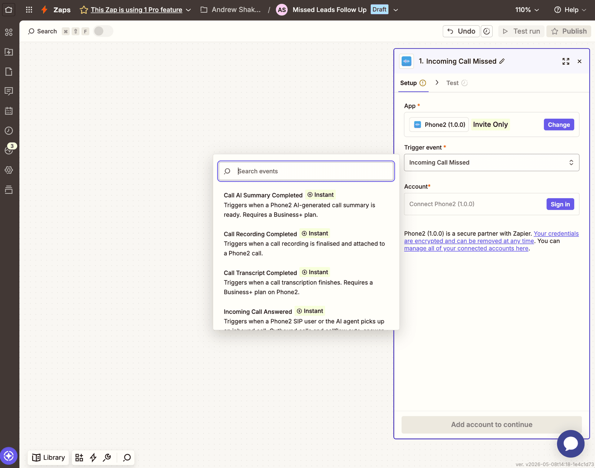 Phone2 trigger event picker in Zapier