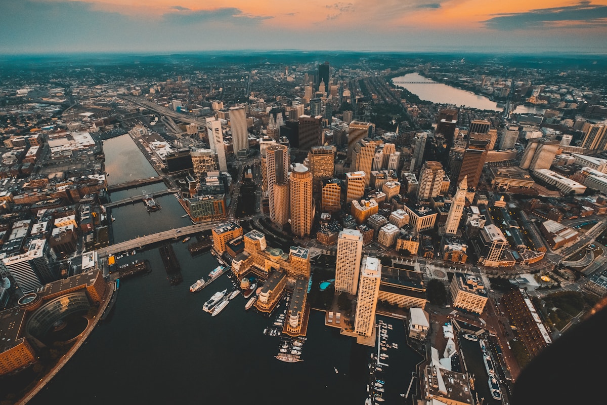 Boston skyline with historic harbor and modern financial district