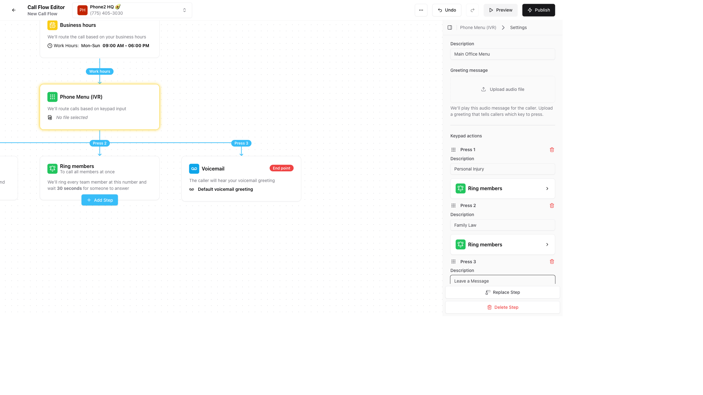 Phone2 Call Flow Editor configured for a law firm with Business Hours, Phone Menu (IVR), and three keypad options for Personal Injury, Family Law, and Leave a Message