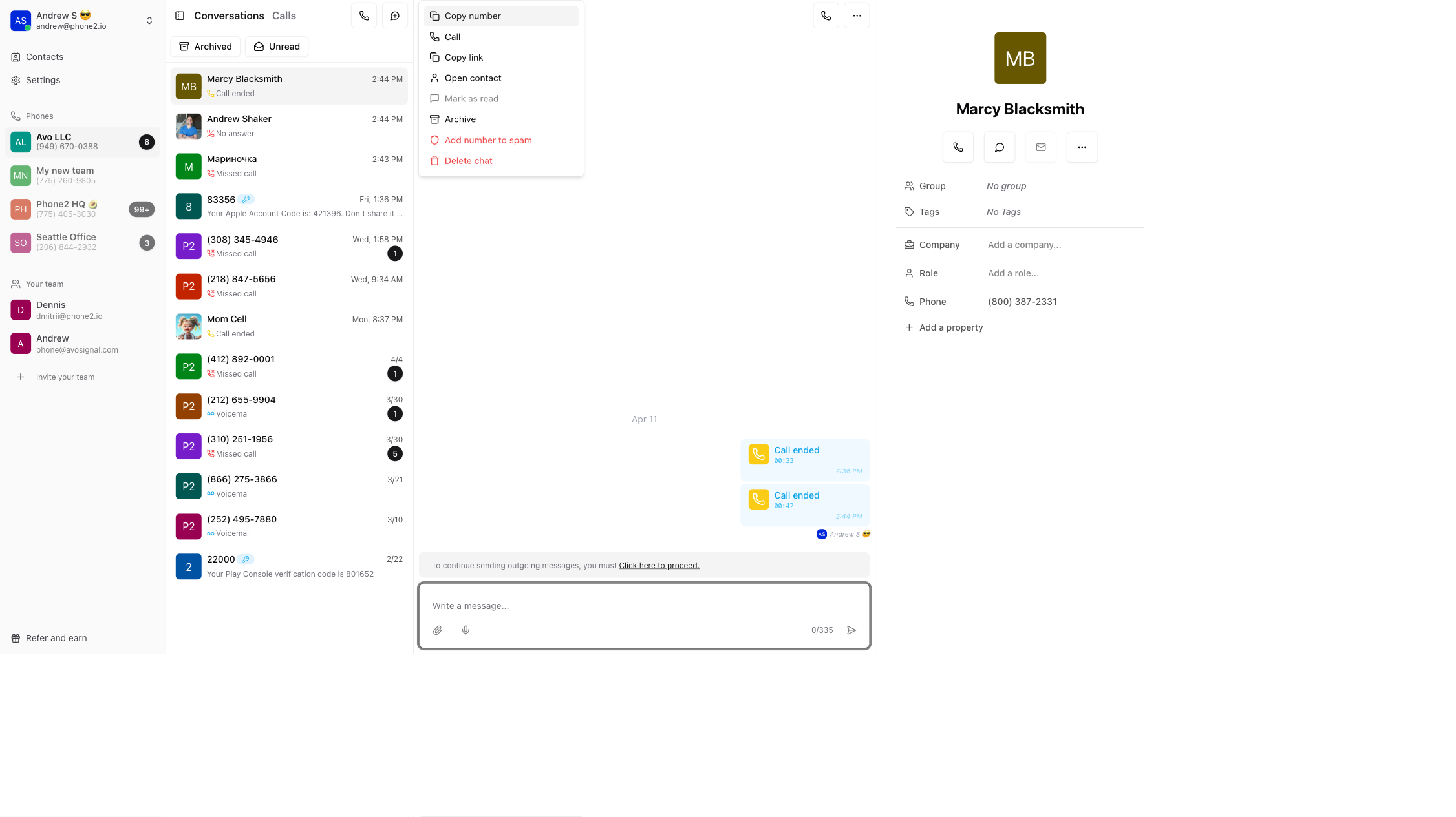 Phone2 team inbox showing a conversation thread with call history, contact details, and the shared conversation view
