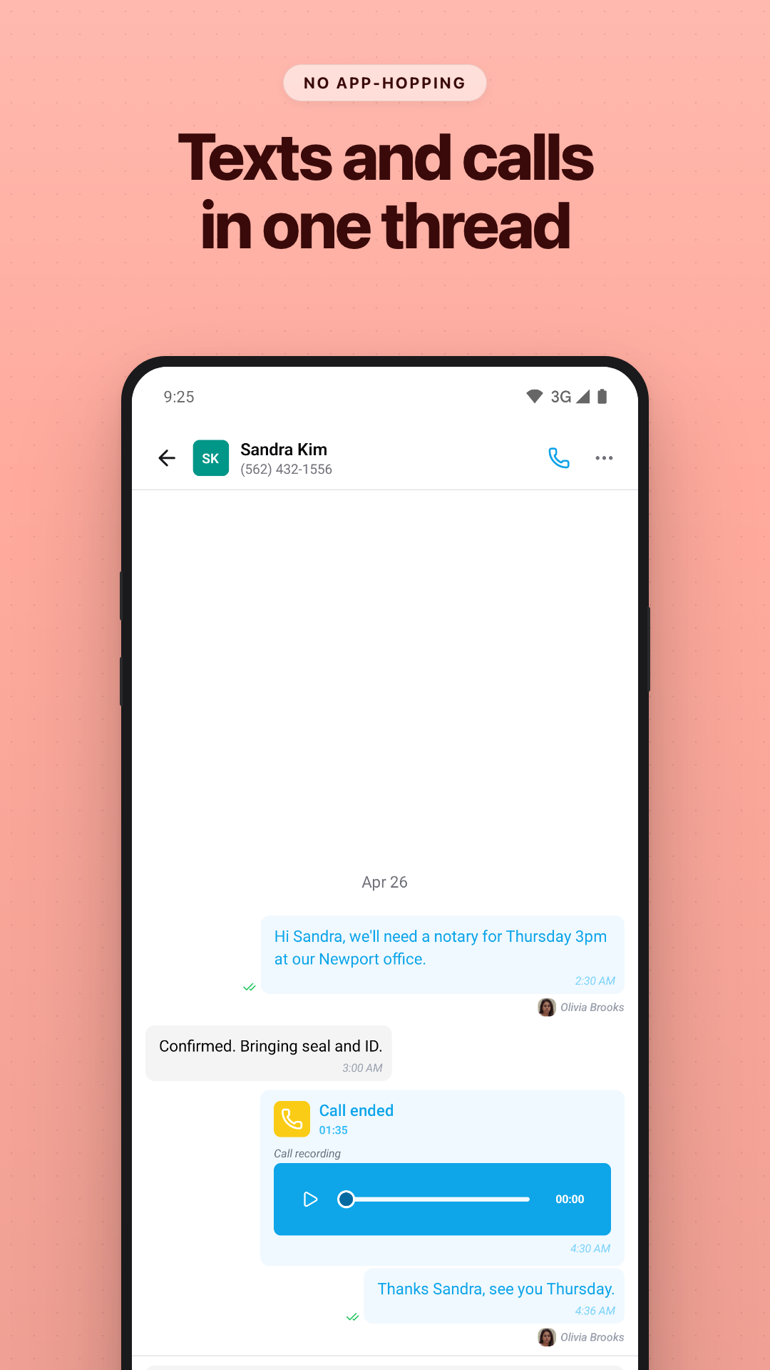 Conversation thread with texts, calls and a recording inline