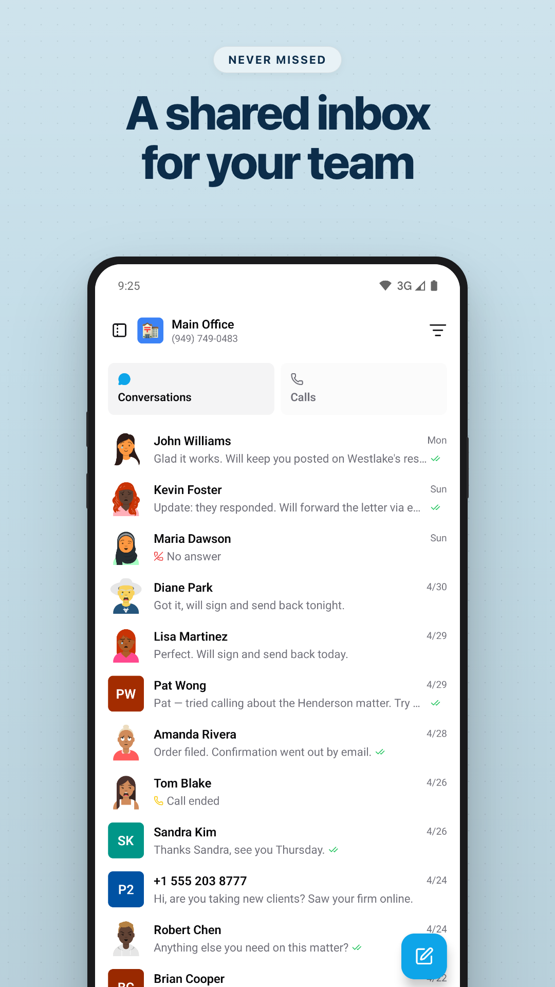 Shared inbox showing captured calls and conversations