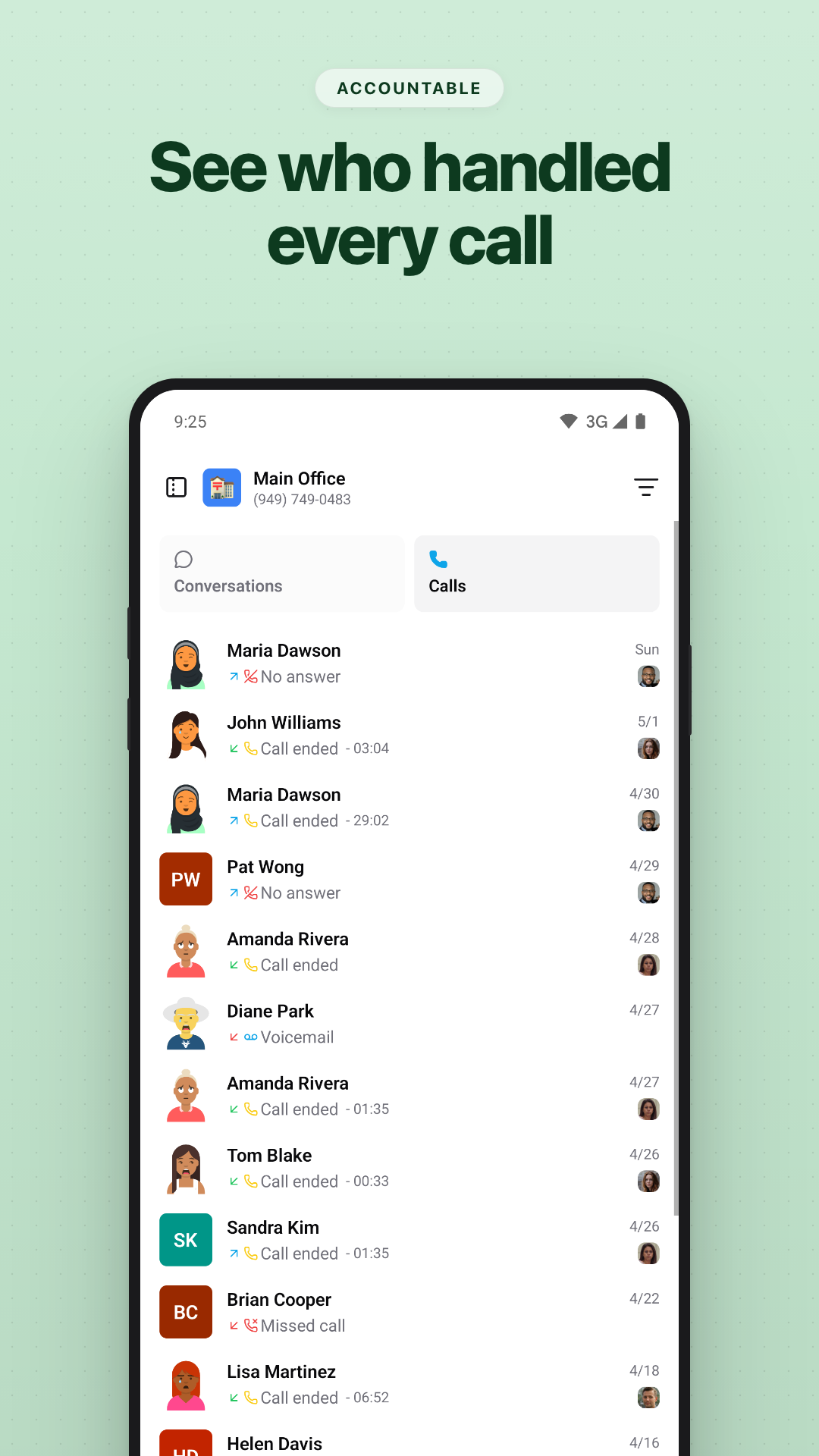 Call log showing each handled call