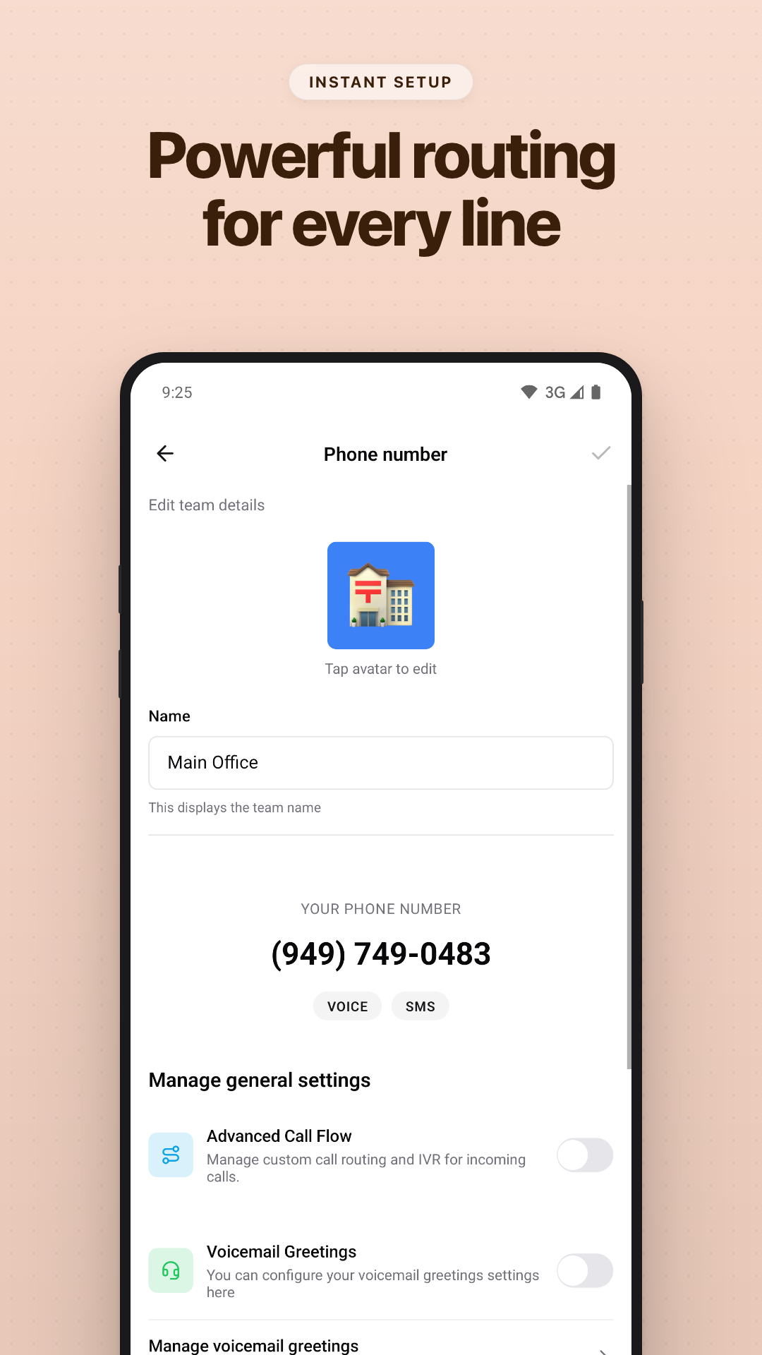 Phone number settings showing Advanced Call Flow and Voicemail
