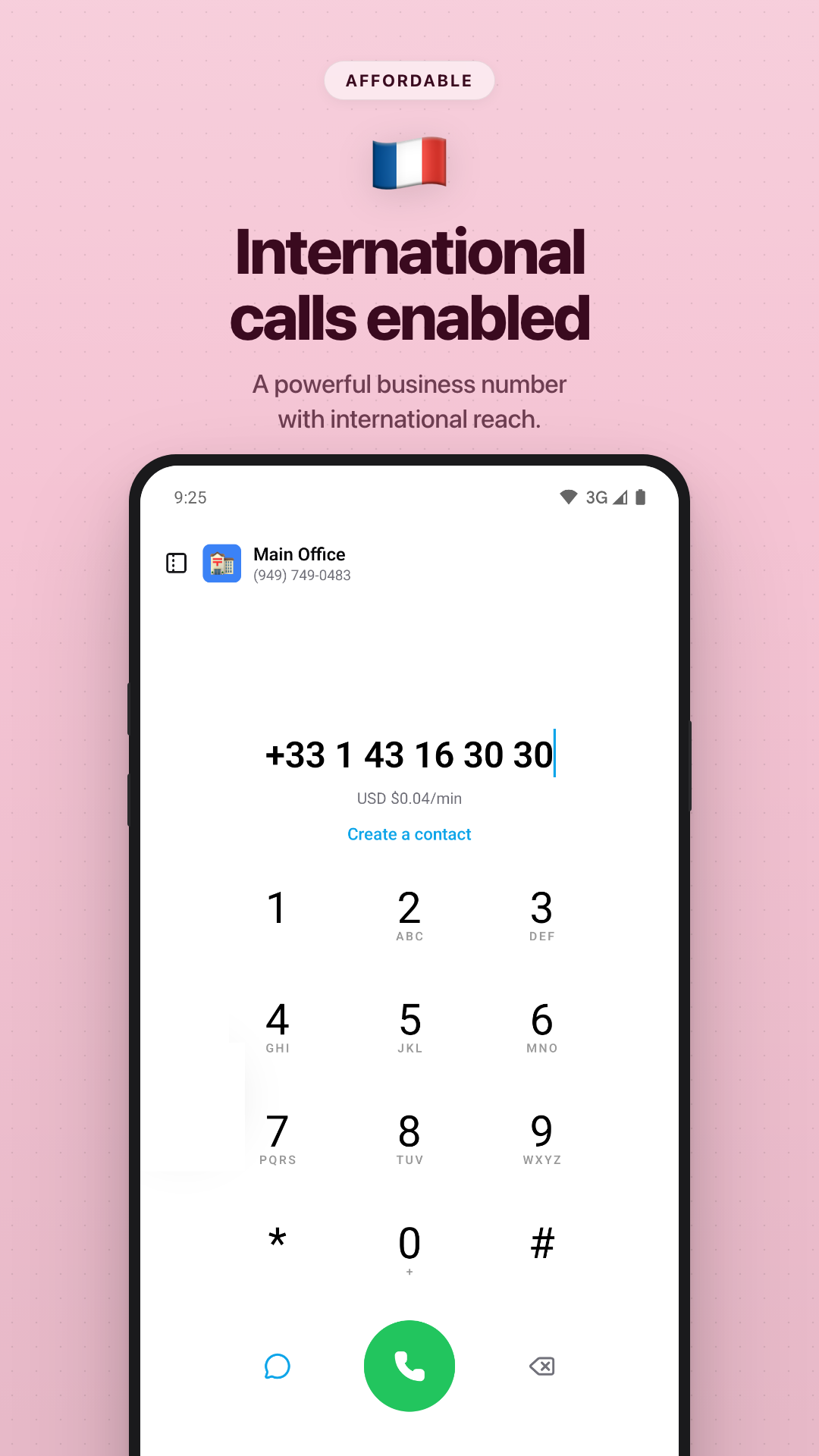 Dialpad showing international call pricing